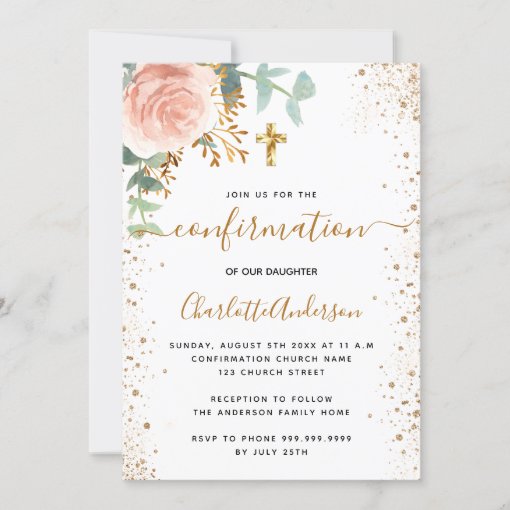 Confirmation eucalyptus blush pink floral girl invitation | Zazzle