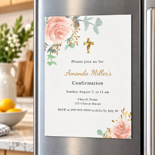 Confirmation eucalyptus blush pink floral girl magnetic invitation