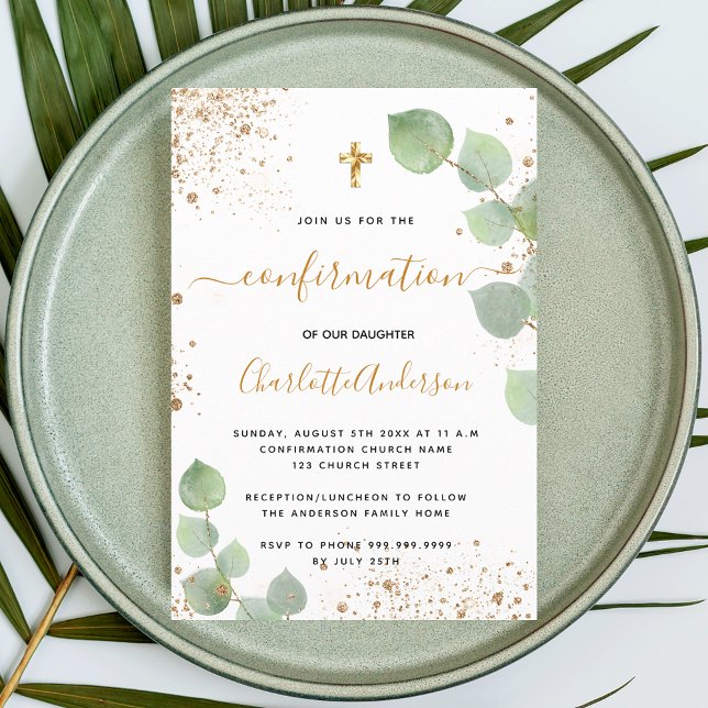 Confirmation eucalyptus gold glitter girl invitation (Creator Uploaded)