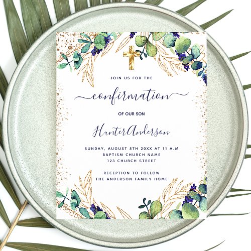Confirmation eucalyptus greenery blue invitation