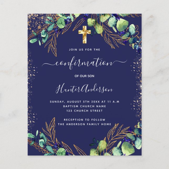 Confirmation eucalyptus greenery blue invitation flyer (Front)