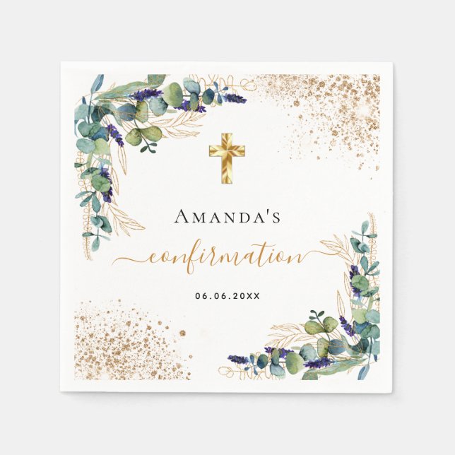 Confirmation eucalyptus greenery glitter monogram napkins (Front)