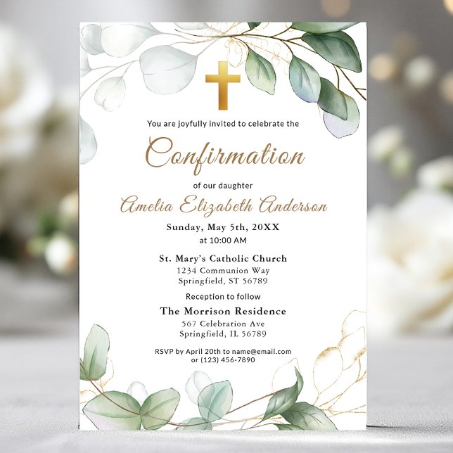 Confirmation Eucalyptus Greenery Gold Girl Invitation (Creator Uploaded)