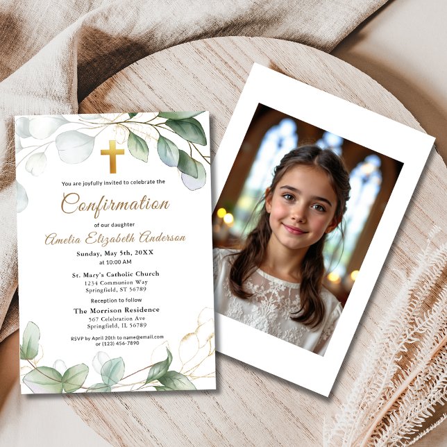 Confirmation Eucalyptus Greenery Gold Photo Invitation (Creator Uploaded)