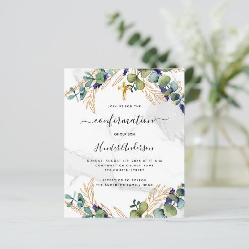 Confirmation eucalyptus greenery marble invitation | Zazzle