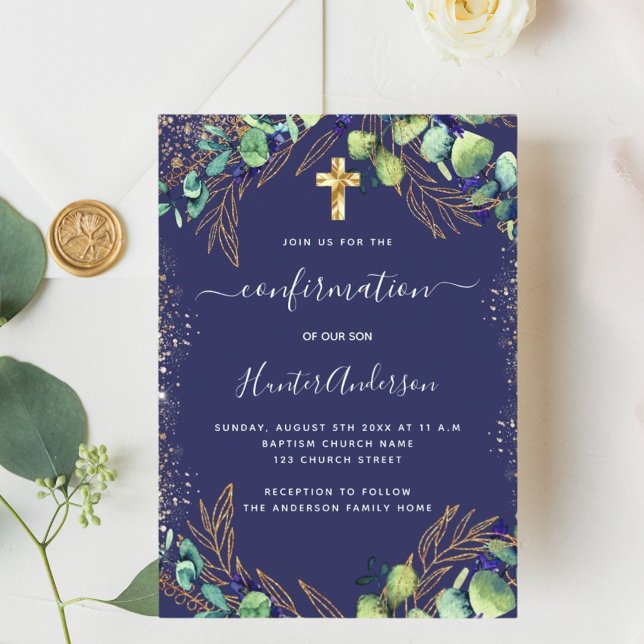 Confirmation eucalyptus greenery navy blue invitation (Creator Uploaded)