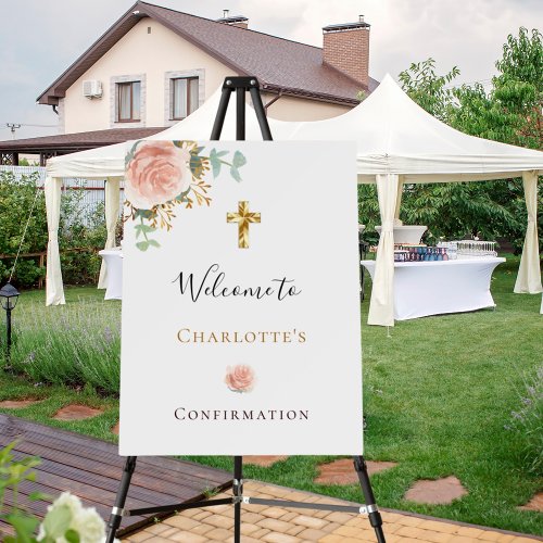 Confirmation eucalyptus pink floral girl welcome foam board
