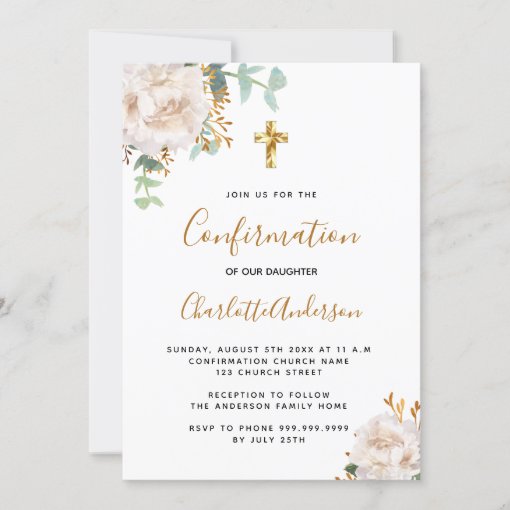 Confirmation eucalyptus white floral invitation | Zazzle