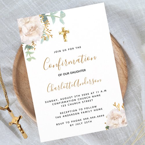 Confirmation eucalyptus white floral invitation postcard