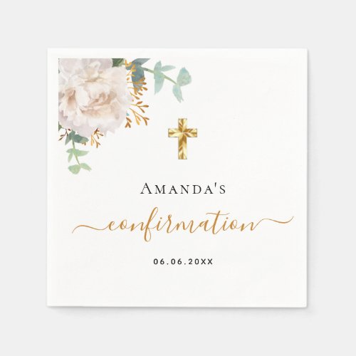 Confirmation eucalyptus white floral rose gold napkins