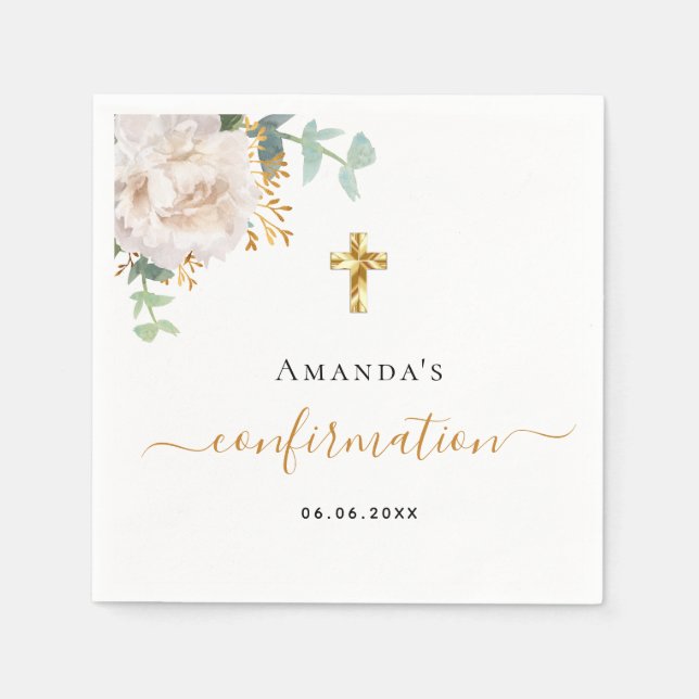 Confirmation eucalyptus white floral rose gold napkins (Front)