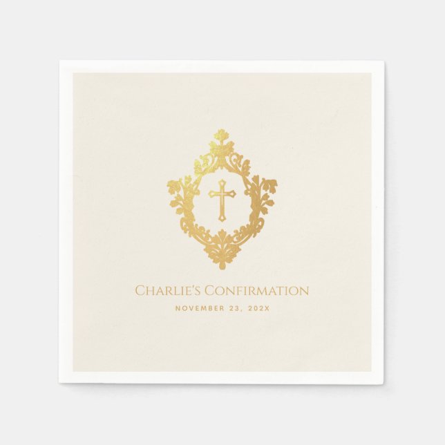 Confirmation Faux Gold Cross Crest Ivory Religious Napkins (Front)