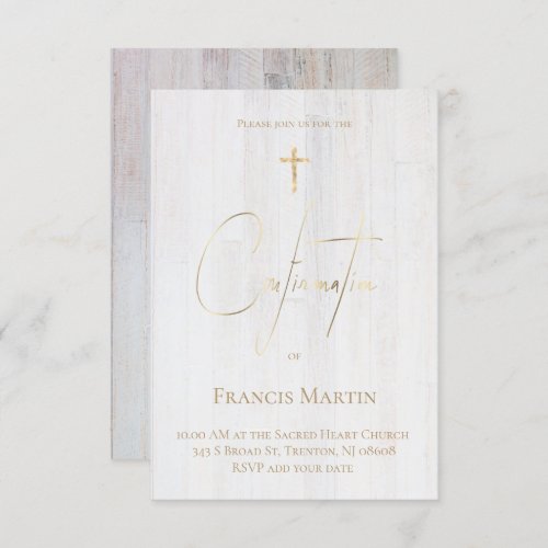 Confirmation FAUX gold foil on wood Invitation