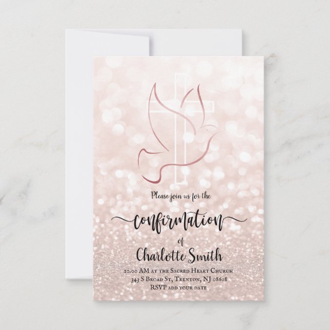 Confirmation faux rose gold glitter texture invitation (Front)
