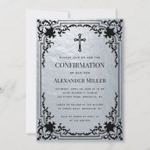 Confirmation Faux Silver Metallic Vintage Cross Invitation