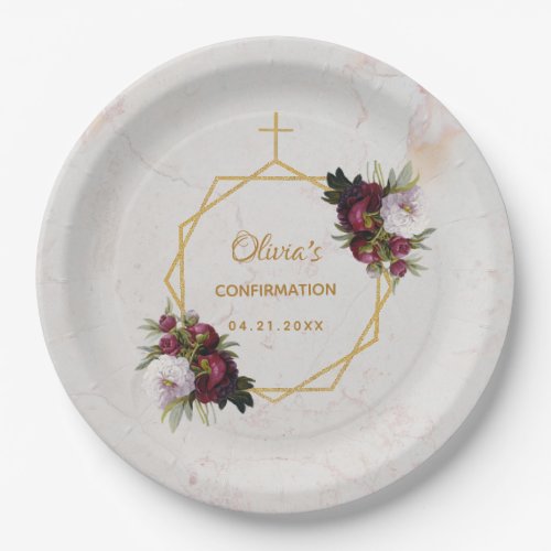 Confirmation Floral Burgundy Peonies Marble Gold Paper Plates