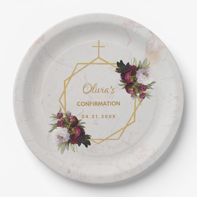 Confirmation Floral Burgundy Peonies Marble Gold Paper Plates (Front)
