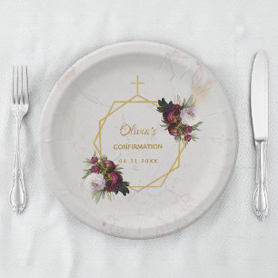 Confirmation Floral Burgundy Peonies Marble Gold Paper Plates