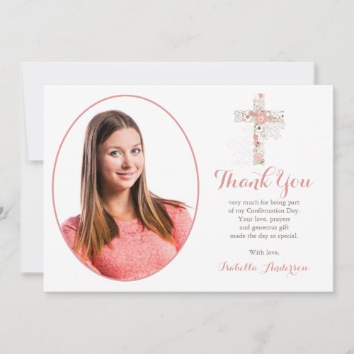 Confirmation Floral Cross Custom Girl Photo Thank  Thank You Card