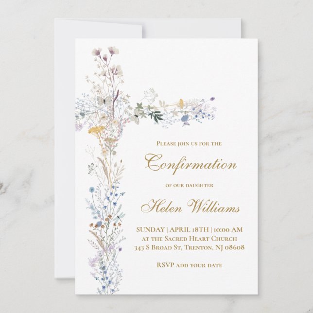 Confirmation floral cross  invitation (Front)