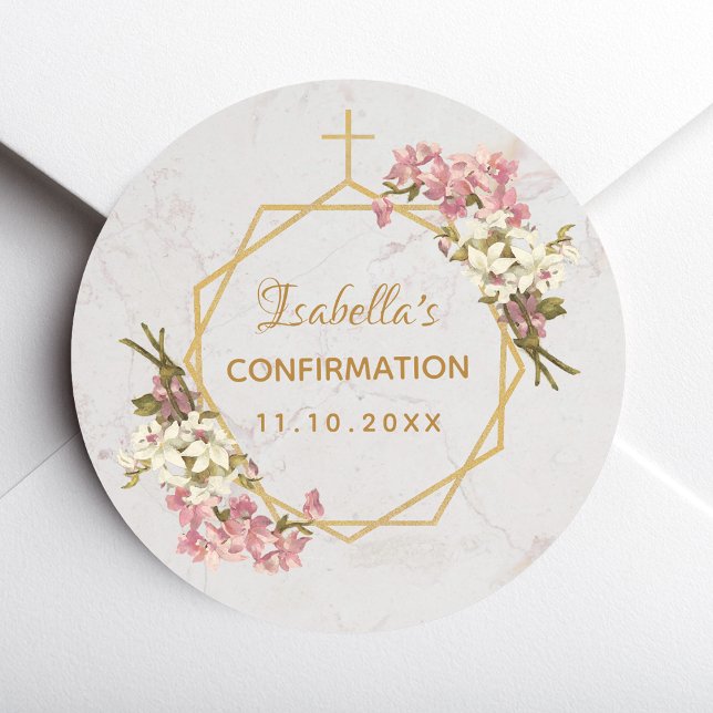 Confirmation Floral Gold Cross Pink Orchids Marble Classic Round Sticker (Creator Uploaded)