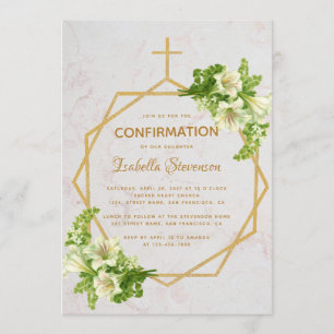Confirmation Floral Gold Lilies Marble Geometric Invitation
