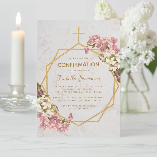 Confirmation Floral Gold Marble Orchids Geometric Invitation (Creator Uploaded)