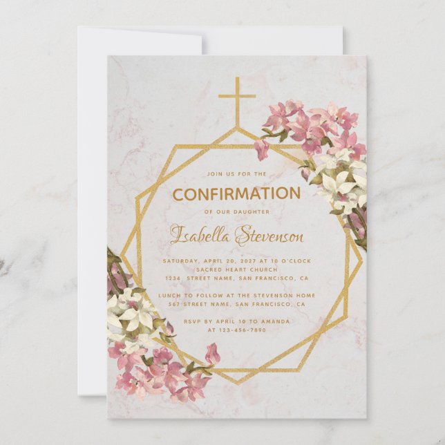 Confirmation Floral Gold Marble Orchids Geometric Invitation (Front)