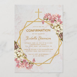 Confirmation Floral Gold Marble Orchids Geometric Invitation