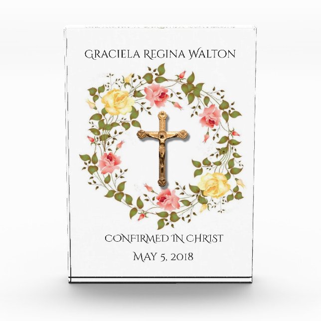 Confirmation Floral Wreath Crucifix Photo Block (Front)