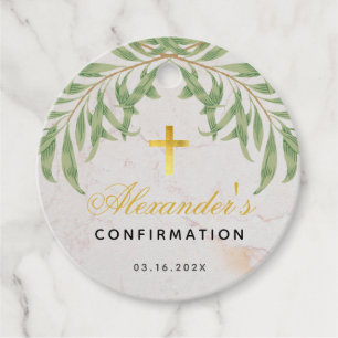 Confirmation Foliage Marble Calligraphy Gold Cross Favor Tags