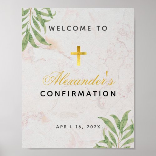 Confirmation Foliage Marble Cross Greenery Welcome Poster
