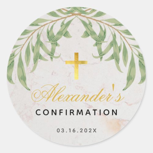 Confirmation Foliage Marble Script Faux Gold Cross Classic Round Sticker
