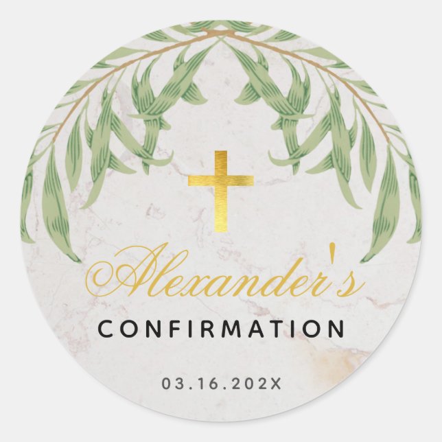 Confirmation Foliage Marble Script Faux Gold Cross Classic Round Sticker (Front)