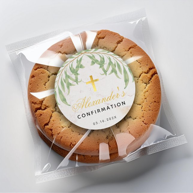 Confirmation Foliage Marble Script Faux Gold Cross Classic Round Sticker (Creator Uploaded)