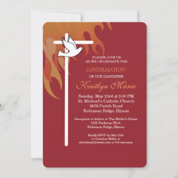Confirmation For Daughter Cross Dove On Red Invitation by Religious_SandraRose at Zazzle