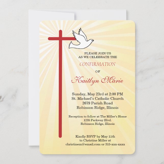 Confirmation for Female Cross Dove Rays Rounded Invitation (Front)