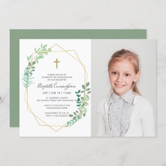 Confirmation For Her Geometric Foliage Cross Invitation
