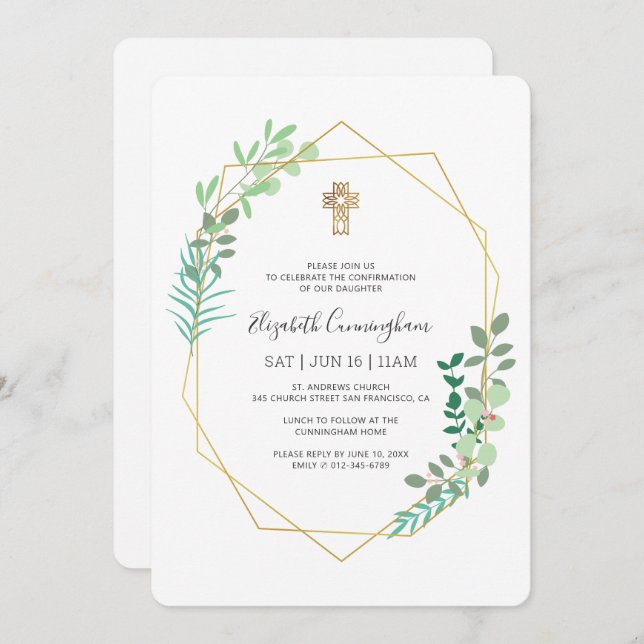 Confirmation For Her Geometric Foliage Gold Cross Invitation (Front/Back)