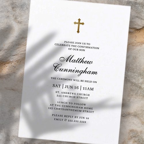 Confirmation For Her Minimalist Gold Cross Invitation