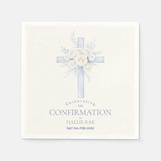 Confirmation for her, Modern Blue Floral Cross Napkins (Front)