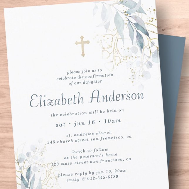 Confirmation For Her Modern Foliage Gold Cross Invitation (Creator Uploaded)