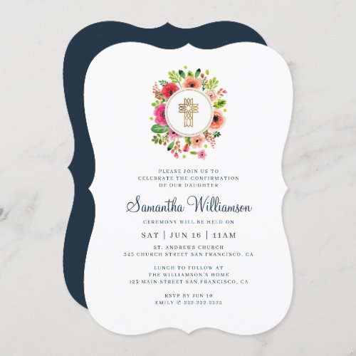 Confirmation For Her Watercolor Floral Cross Invitation