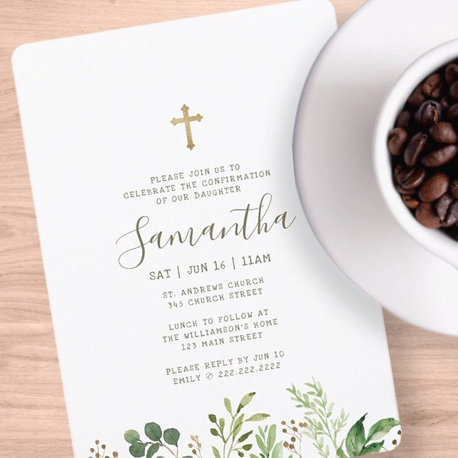 Confirmation For Her Watercolor Foliage Cross Invitation (Creator Uploaded)