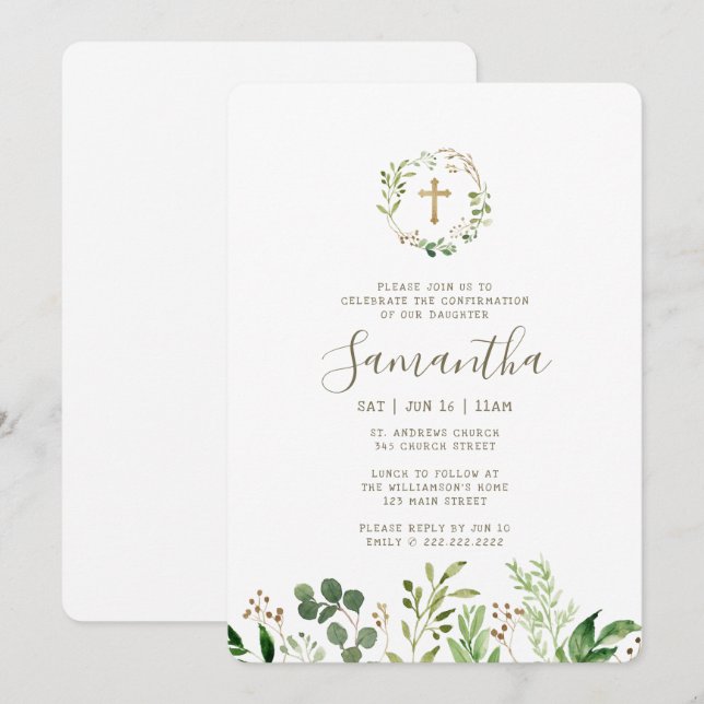 Confirmation For Her Watercolor Foliage Gold Cross Invitation (Front/Back)