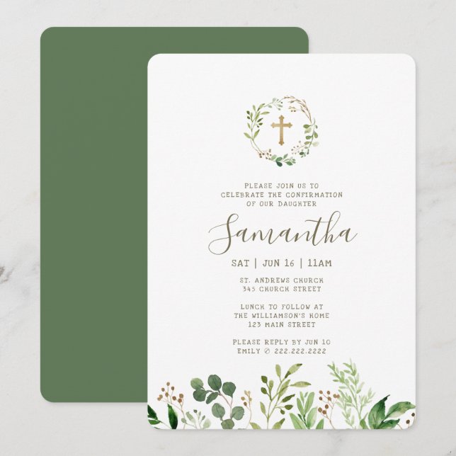 Confirmation For Her Watercolor Foliage Gold Cross Invitation (Front/Back)