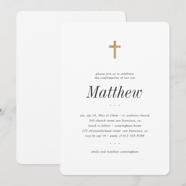 Confirmation For Him Minimalist Faux Gold Cross Invitation (Front/Back)