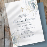 Confirmation For Him Modern Foliage Gold Cross Invitation<br><div class="desc">Design is composed of watercolor foliage leaf leaves botanicals and faux gold cross

Available here:
http://www.zazzle.com/store/selectpartysupplies</div>