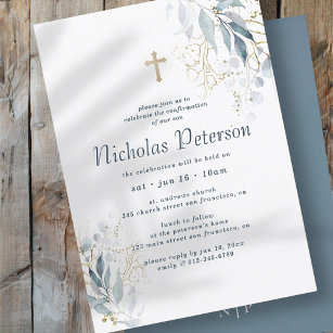 Confirmation For Him Modern Foliage Gold Cross Invitation