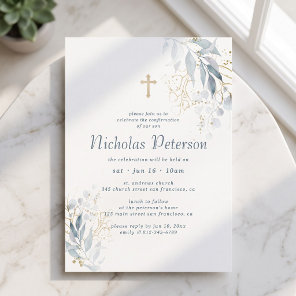 Confirmation For Him Modern Foliage Gold Cross Invitation